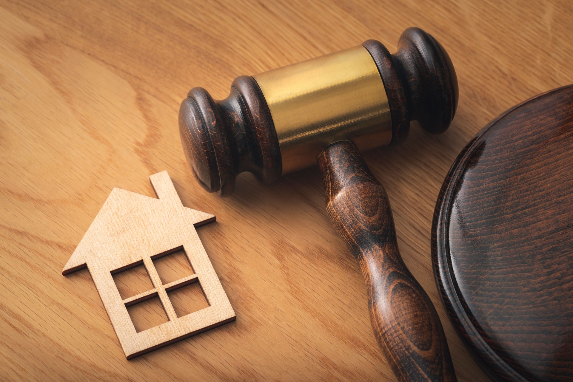 Real estate and property law. House model and gavel